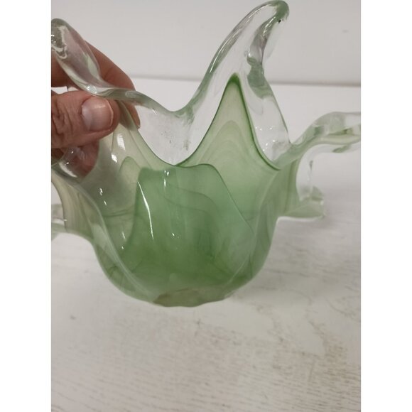 Vintage Ballantine Hand Blown Green Art Glass Iridescent Swirl Flower Candy Bowl - Picture 5 of 8